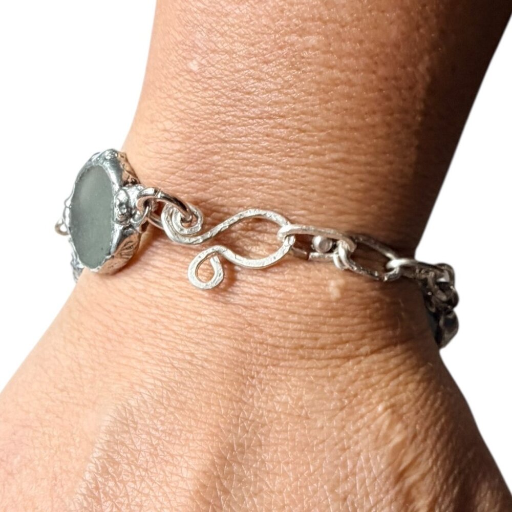 Sea Glass & Silver Blend Artisan Crafted Hammered Bracelet With Unique Findings - Picture 10 of 14